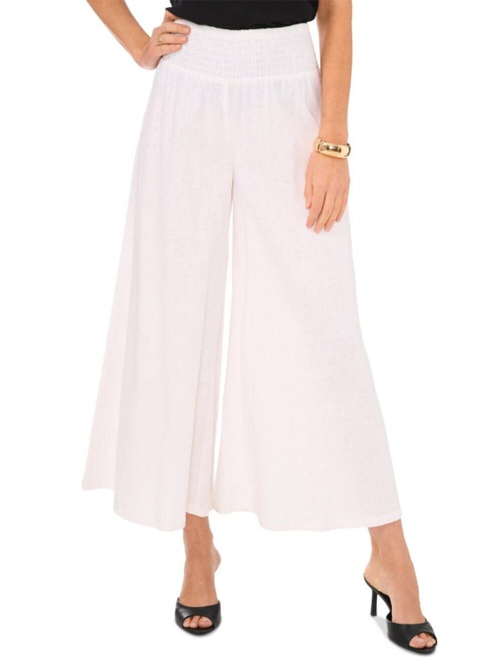 Vince Camuto Linen Blend Smocked Waist Cropped Wide Leg Pants - Ultra White - Picture 8 of 8